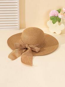 1pc Unisex Linen Ribbon Bow Decor Simple Fashion Flat-Brimmed Sun Hat, Large Brim Suitable For Summer Outdoor Daily Wear, Beach, Wedding, Children's Gift - Flat Edge Linen Ribbon - View 11