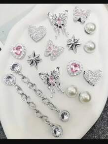 16pcs/Set Rhinestone Chain, Pink Crystal Heart, Butterfly, Pearl, 7-Pointed Star Resin Fashion Simple Ins Style DIY Shoe Decorations