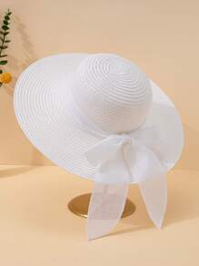 1pc Unisex Linen Ribbon Bow Decor Simple Fashion Flat-Brimmed Sun Hat, Large Brim Suitable For Summer Outdoor Daily Wear, Beach, Wedding, Children's Gift - Flat Edge Linen Ribbon - View 14