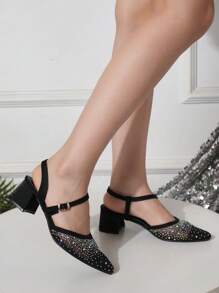 Sandali estivi alla moda da donna con sciarpa da testa, scarpe con cinturino e tacco medio spesso, superficie in rete con strass e design traforato