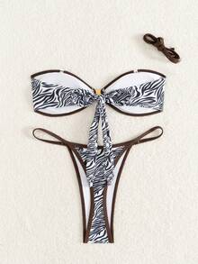 2pcs/Set Women's Metal Buckle Allover Print Contrast Trim Bikini Set For Summer Beach Vacation - Multicolor - View 5