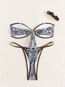 Set di 2 pezzi di bikini per donna, con stampa all-over e bordi a contrasto, con fibbia metallica, adatto per l'estate e le vacanze al mare