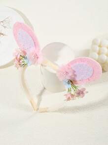 1pc Rabbit Ears Headband With Small Pink And White Flowers, Nature Style