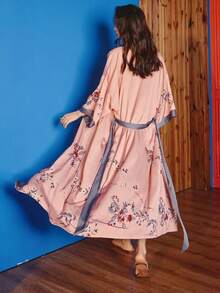 中国风复古新款中式三四袖中长款罩衫和服长袍系腰休闲夏季沙滩罩衫，防晒 - 粉色 - 查看 3