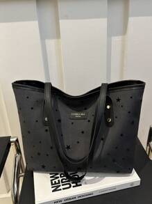 1pc Black PU Leather Zipper Pentagram Decor Fashion Versatile Casual Tote Bag, Suitable For Women Everyday Use - Black - View 3