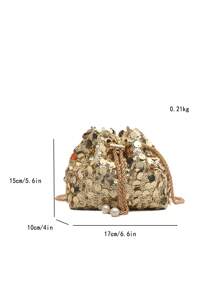 1个链条抽绳封口PVC亮片闪亮金属仿珍珠装饰彩色女士水桶包单肩斜挎手拿包，时尚礼物，适合女士派对晚装，完美搭配女士舞会礼服、舞会配饰、亮片连衣裙、闪亮连衣裙、优雅连衣裙、优雅舞会包，完美搭配伴娘礼服、仿珍珠包 - 金色 - 查看 8