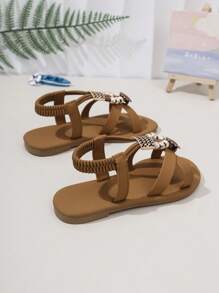 1 双婴幼儿女童平底凉鞋，波西米亚风格装饰 PU 防滑舒适奢华时尚露趾交叉带凉鞋，适合 3-12 岁学生，2025 年春夏日常休闲、派对、旅行 - 駝色 - 查看 5