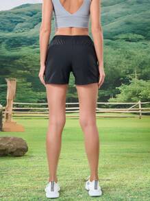 Summer Workout Women's Breathable Letter Print Sport Shorts, Quick Dry Running Shorts With Drawstring Waistband, Fitness Shorts - Nylon And Spandex Blend - Women Shorts - Suitable For Running, Gym And Exercise - Perfect Gift For Fitness Enthusiasts - Black - View 5