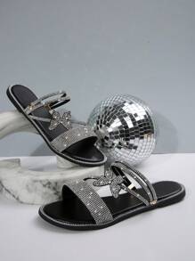Summer New Minimalist Peep-Toe Strap Rhinestone Bowknot Flat Casual Fashionable Sandals For Women
