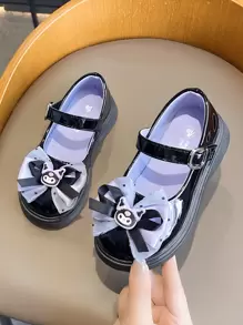 SANRIO 鞋，女孩圆头皮鞋，学生鞋，公主裙平底鞋，蝴蝶结公主鞋 | 黑色鞋子 - 黑色 - 查看 1