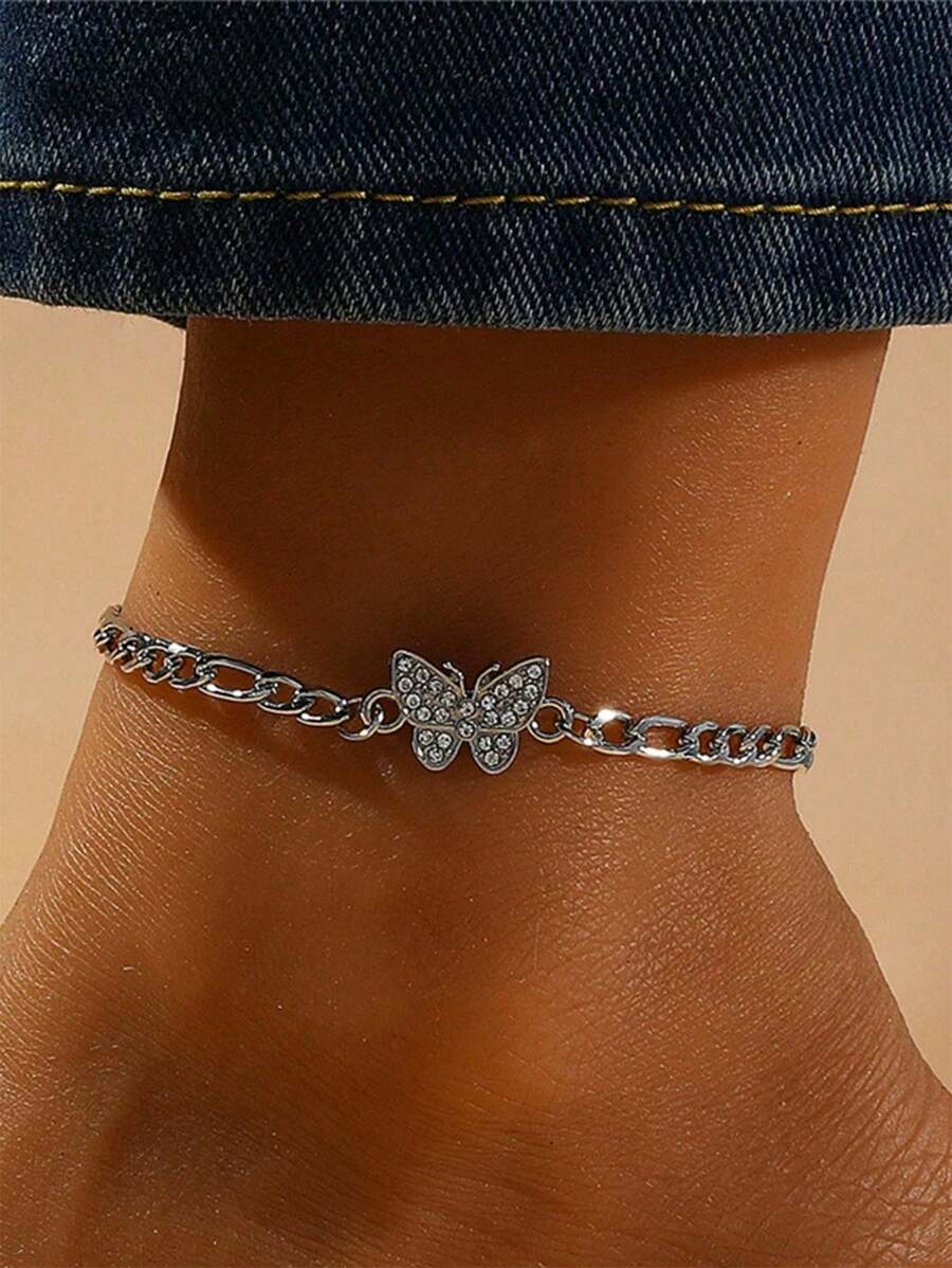 1件简约水钻蝴蝶链脚链，夏季时尚别致女士脚踝饰品 - 銀色 - 查看 1