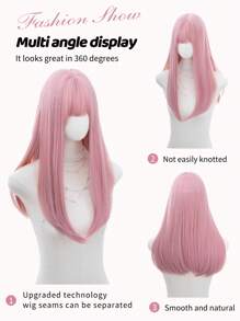 alicegarden 1 Piece Synthetic Heat-Resistant, Long Straight Hair Wig In Natural Pink Wigs, With Bangs, 22 Inches Long, Fully Machine Woven Daily Natural Realistic Wig Christmas Y2k - Pink - View 6