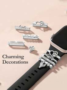 Set di 5 pezzi di accessori per orologio da donna in argento, con decorazione a cannuccia, anello a forma di cuore, in metallo, compatibili con Serie SE 9 8 7 6 5 4 3 2 1 (Ex Watch Watch e Crop) - Argento - Visualizzare 2