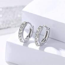 Elegant 1 Pair 925 Silver Plated Light Luxury Shiny Zirconia Hoop Earrings For Women Fashion Charm Jewelry Wedding Birthday Party Gift - Silver - View 1