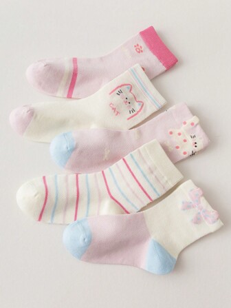 5 双女童网眼透气中筒袜，可爱卡通猫咪图案，适合春夏季