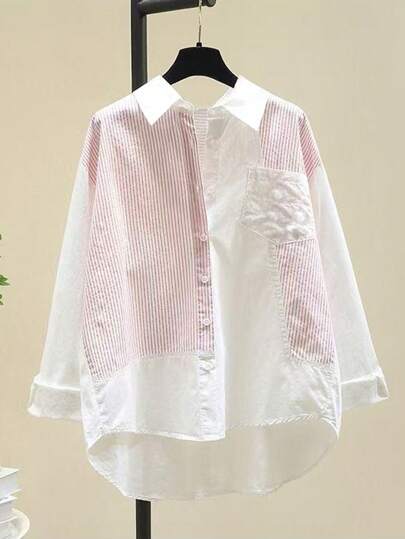 Stylish Striped Patchwork Shirt For Women, Loose Casual Blouse, Spring Autumn New Design