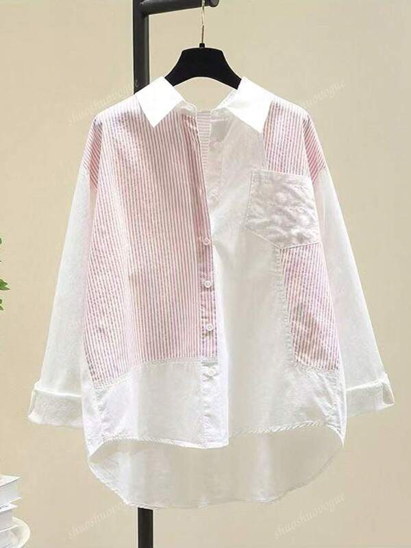Stijlvol gestreept patchwork shirt voor dames, losse casual blouse, lente herfst nieuw design