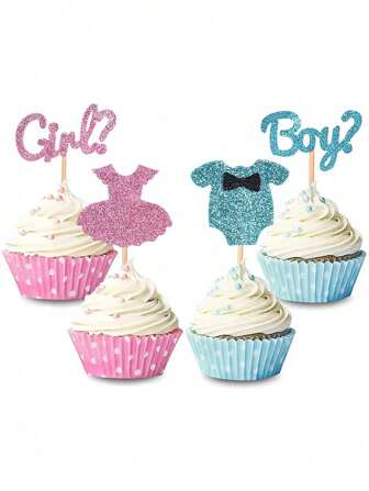24 件 - 男孩或女孩主题纸杯蛋糕装饰物，用于揭示性别婴儿送礼会生日派对用品闪光儿童蓝色连体衣蛋糕装饰品粉色连衣裙纸杯蛋糕装饰