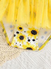 Baby Girls' Cute Colorful Strap 3D Bow Mesh Swimsuit With Swim Cap, Suitable For Daily Outings And Swimming, Summer - Yellow - View 5