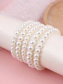 5pcs White Pearl Bracelet Sets, Everyday Wear For Girl - White - View 2