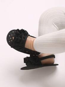 Girls Anti-Slip Sandals With Ruffle Polka Dot Design, Kids Soft Sole First Walking Shoes - Black - View 8