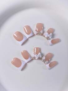 10 件手工制作短法式美甲蝴蝶结指甲贴，简约时尚按压式指甲