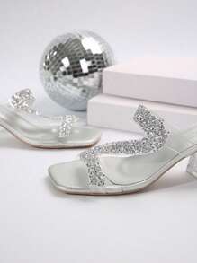 Plus Size Women Rhinestone Decoration Open Toe Comfortable Leather Transparent Thick Heel Slides Sandals, Casual Fashion Summer Beach Slippers - Silver - View 4