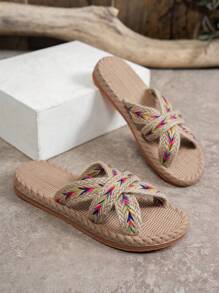 Sandale de damă în stil boem, confortabile de vară, cu bareta țesută, cu vârful deschis și bază rotundă, pentru exterior, ținute de plajă - Multicolor - Vizualizare 5