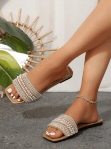 Plus Size Women's Slip-On Rhinestone Decor Sandals, Casual Versatile Outdoor Plastic Flat Slippers