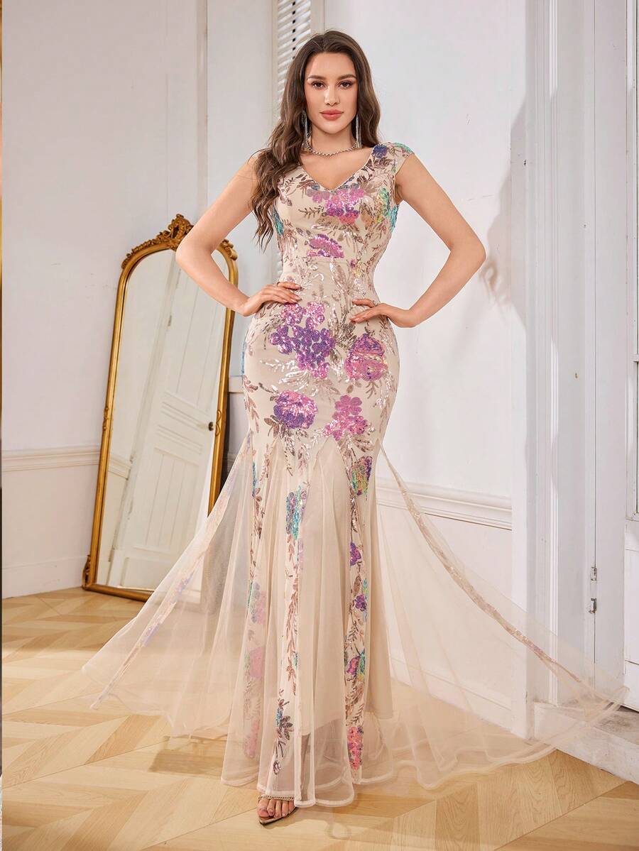 女士时尚性感串珠刺绣 V 领无袖修身腰鱼尾下摆网眼荷叶边派对礼服带胸垫、婚礼宾客礼服、正式礼服、晚礼服、长袍 - 杏色 - 查看 1