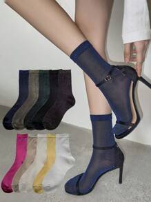 1 Pair/4 Pairs/5 Pairs Women Metallic Shimmer Mid-Calf Socks, Thin Lightweight Shiny Ribbed Socks, Spring & Summer