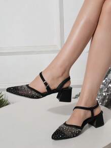 Sandali estivi alla moda da donna con sciarpa da testa, scarpe con cinturino e tacco medio spesso, superficie in rete con strass e design traforato