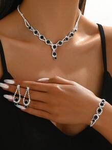 4 件套女士新娘首饰套装 - 项链、耳环、手链、几何图案、优雅、婚礼季节 - 黑色 - 查看 2