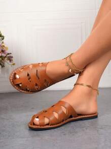 大码女士夏季拖鞋，时尚简约设计，舒适，包头，网眼，镂空，透气，防滑，轻便，沙滩，户外凉鞋，黑色，棕色 - 棕色 - 查看 4