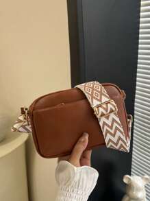 迷你简约纯素斜挎包，时尚PU单肩包，女士休闲手提包兼钱包，宽肩带女士钱包 - 棕色 - 查看 10