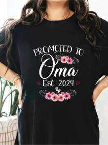 100% Cotton Promoted To Oma 2024 Mother's Day Soon To Be Mom Graphic Print Solid T-Shirt, Women's Casual Short Sleeve Top For Spring & Summer, Women Graphic T-Shirts