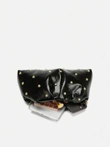 1pc 包包手提包2025新款纯色时尚百搭折叠饺子包铆钉手拿包饺子包链条单肩包夹手提包 - 黑色 - 查看 5