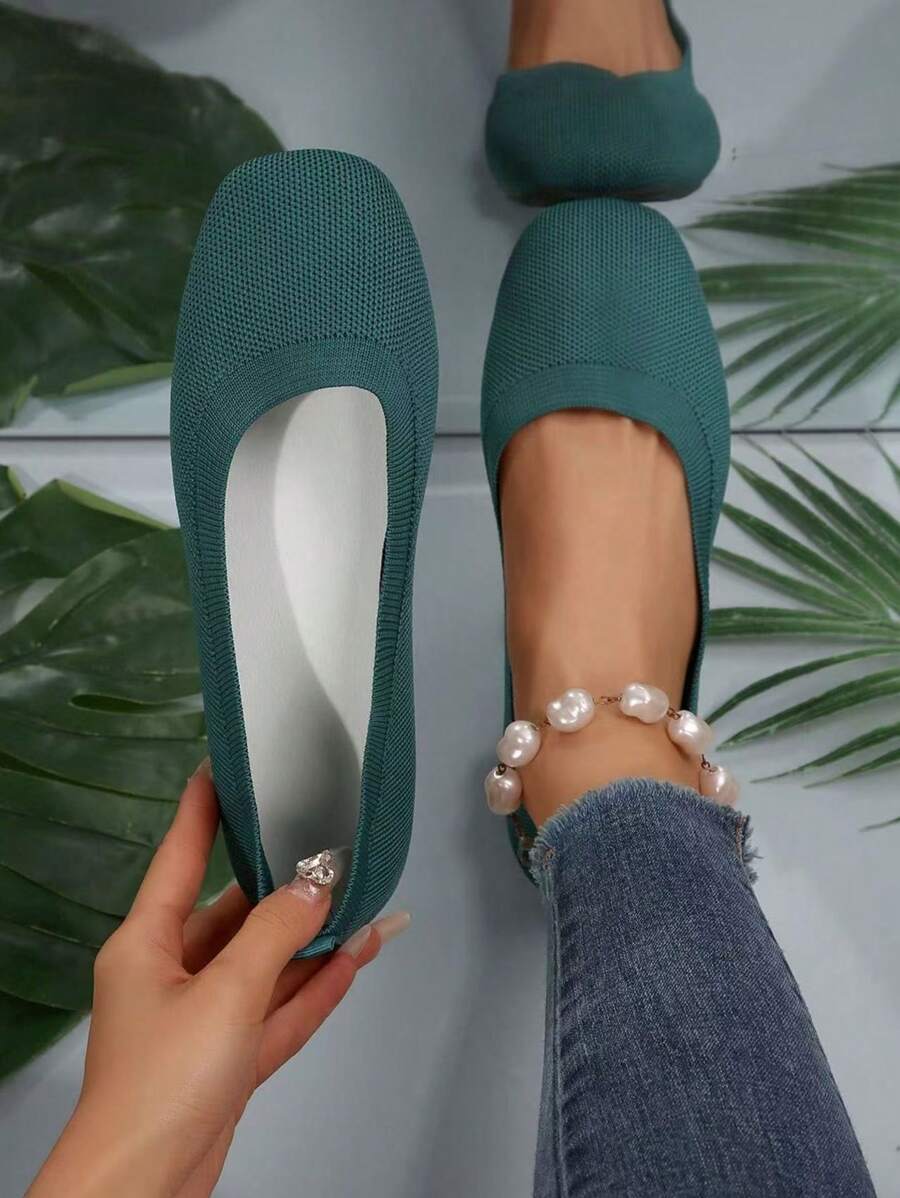 Chaussures plates sans lacets pour femmes grandes tailles, chaussures confortables à bout carré et respirantes - Vert - Voir 1