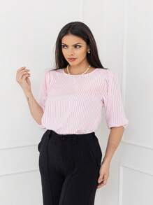Women's Striped Blouse With 3/4 Sleeves, Crepe Fabric, New - 淺粉色 - 查看 2