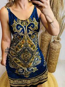 A-Line Dress With Arabesque Design - Màu xanh hải quân - Xem 3