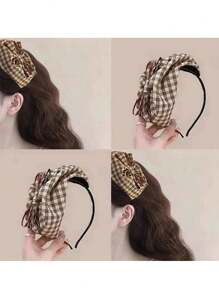 1 件女士格子蝴蝶结头带，独特复古百搭发带，用于隐藏白发，旅行发夹 - 彩色 - 查看 1