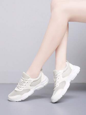 Women's Fashionable Casual Breathable Athletic Lace-Up Sneakers, White Color