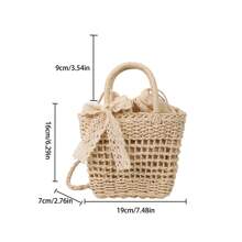 时尚百搭纯色草编手提包，休闲手提单肩包，带蝴蝶结装饰，适合旅行、购物