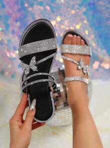 Summer New Minimalist Peep-Toe Strap Rhinestone Bowknot Flat Casual Fashionable Sandals For Women