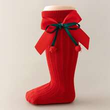 Little Girls Sweet Bow Socks Spring Autumn Knit Ribbed Princess Knee High Socks For Christmas, New Year, Party, Wedding - Red Fur Ball - View 3