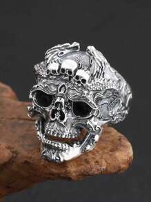 1pc Vintage Style S925 Sterling Silver Exaggerated Skull Ring, Adjustable Men's Open Ring - Antique Silver - View 3