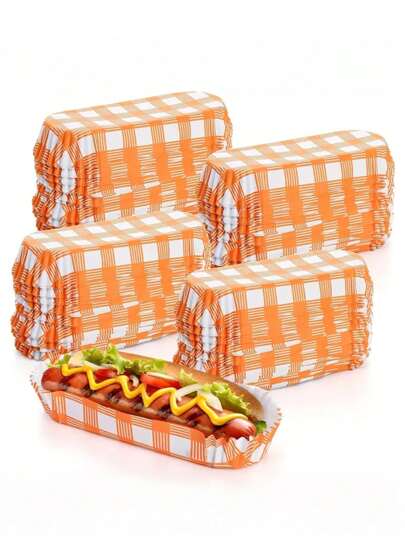 50 pezzi di vassoi di carta per hot dog, vassoi di carta per alimenti, forniture per chioschi, supporti monouso per hot dog in carta, barche per hot dog in carta rettangolari con scanalature, per ristoranti e cibo da asporto (stile a quadri)
