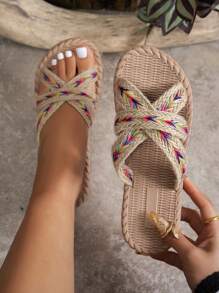 Sandale de damă în stil boem, confortabile de vară, cu bareta țesută, cu vârful deschis și bază rotundă, pentru exterior, ținute de plajă - Multicolor - Vizualizare 1