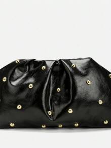 1pc 包包手提包2025新款纯色时尚百搭折叠饺子包铆钉手拿包饺子包链条单肩包夹手提包 - 黑色 - 查看 7