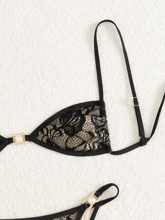 Conjunto de bikini para mujer con material de encaje, tirantes ajustables, lazo y decoración de perlas, para el verano y las vacaciones en la playa